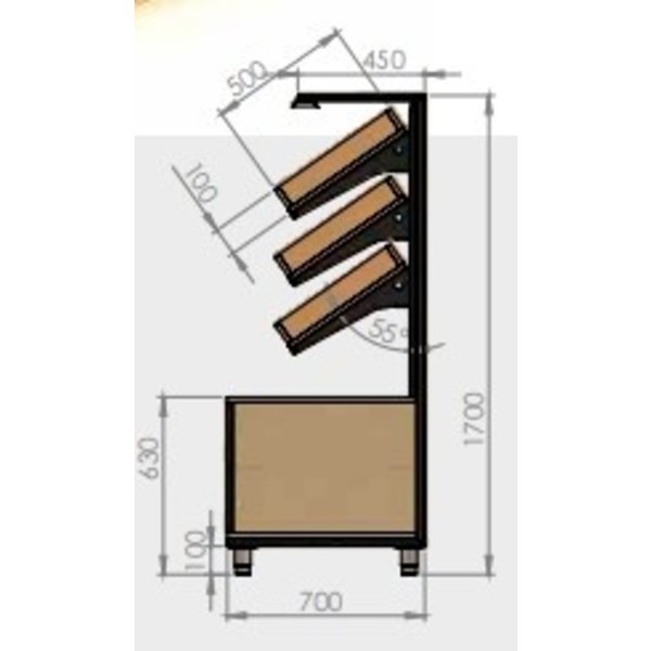 Winkelstelling | Modulair | Hout | Voor Brood | Supermarkt/Bakker | 4 Schappen | 2500x700x2000(h)mm