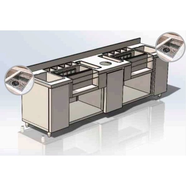 Bar-/Cocktailstation | RVS | Onderbar | Spoelbak + Glazenspoeler | Afvalbak | 2800x700x870(h)mm