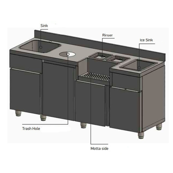Bar-/Cocktailstation | RVS | Onderbar | Spoelbak + Glazenspoeler | Afvalbak | IJsbak | 1880x700x870(h)mm
