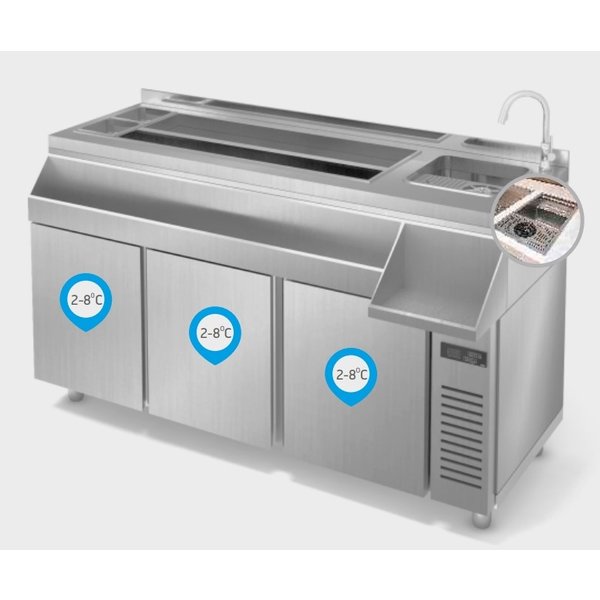 Bar-/Cocktailstation | RVS  | Gekoelde Onderkast | +2°C/+8°C | Spoelbak + Koelbak | 2000x700x870(h)mm