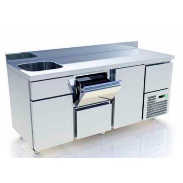 Bar-/Cocktailstation | RVS  | 2 Gekoelde Onderkasten | +0°C/+8°C | Spoelbak | 0.435kW | 1880x700x860(h)mm