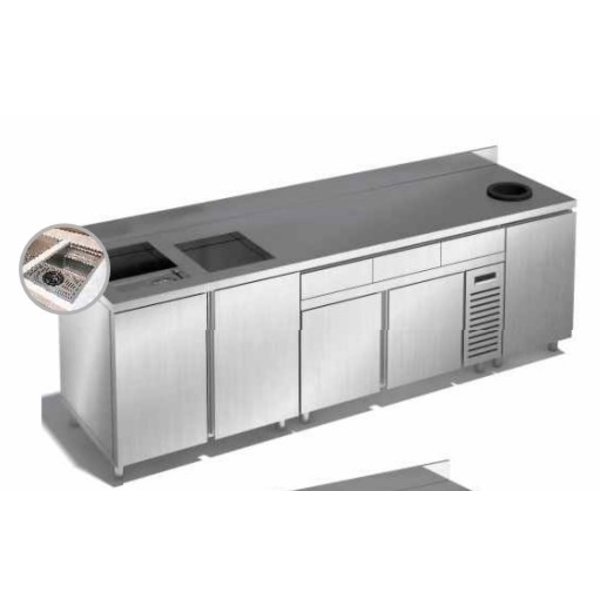 Koffiewerkbank | RVS  | 1 Gekoelde + 3 Neutrale Onderkasten + 3 Lades | +2°C/+8°C | 0.435kW | 2610x700x860(h)mm