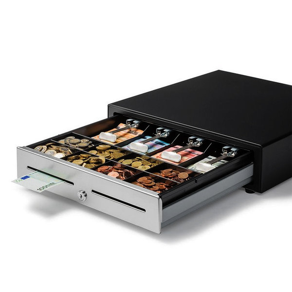 Kassalade | 410 Standaard+ | Zwart/RVS | 8 Muntvakken + 4 Biljetvakken | Elektrisch (12V/24V) | 410x415x110(h)mm
