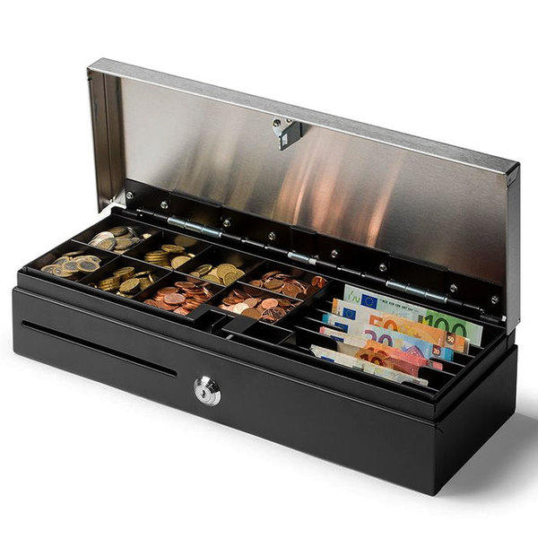 Kassalade | FlipTop | Zwart/RVS | 8 Muntvakken + 5 Biljetvakken | Elektrisch (12V/24V) | 460x170x100(h)mm