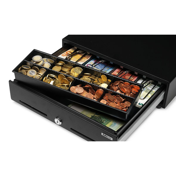 Kassalade | STANDARD DUTY | Zwart | 8 Muntvakken + 4 Biljetvakken | Elektrisch (12V) | 350x405x105(h)mm