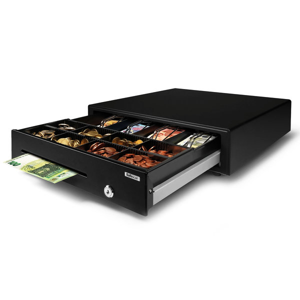 Kassalade | STANDARD DUTY | Zwart | 8 Muntvakken + 4 Biljetvakken | Elektrisch (12V) | 410x415x115(h)mm