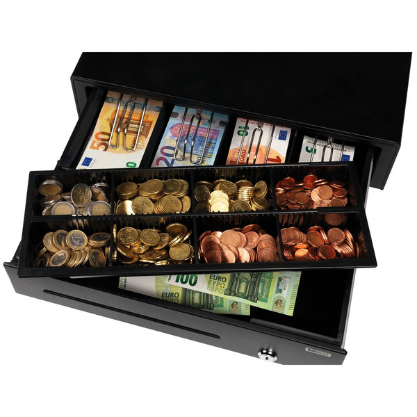 Kassalade | STANDARD DUTY | Zwart | 8 Muntvakken + 4 Biljetvakken | Elektrisch (12V) | 410x415x115(h)mm