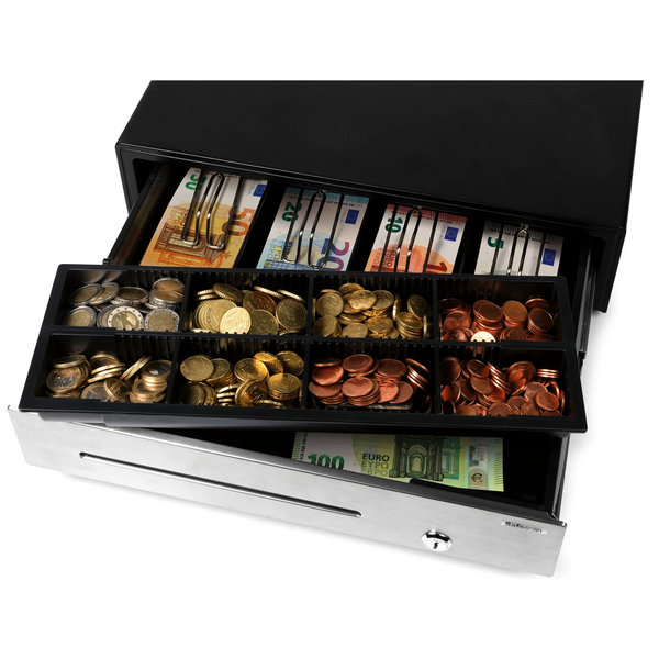 Kassalade | HEAVY DUTY | Zwart/RVS | 8 Muntvakken + 4 Biljetvakken | Elektrisch (12V) | 410x415x115(h)mm