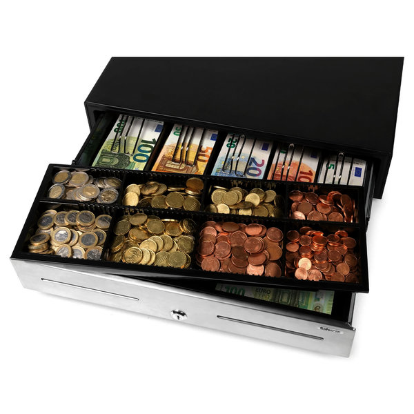 Kassalade | HEAVY DUTY | Zwart/RVS | 8 Muntvakken + 5 Biljetvakken | Elektrisch (12V) | 460x465x115(h)mm