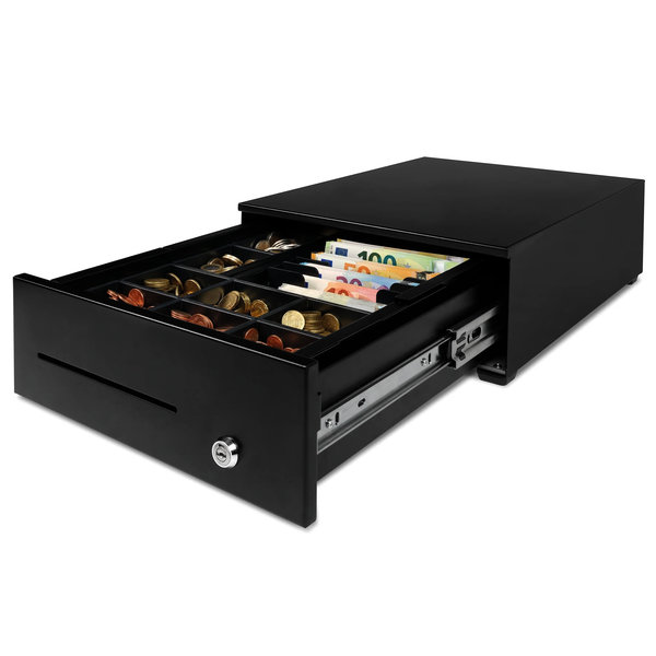 Kassalade | HEAVY DUTY | Zwart | 8 Muntvakken + 8 Biljetvakken | Elektrisch (12V) | 345x422x130(h)mm