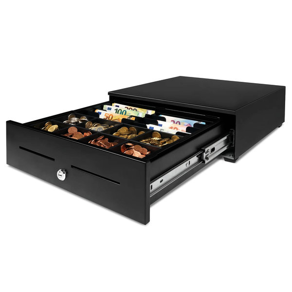 Kassalade | HEAVY DUTY | Zwart | 8 Muntvakken + 8 Biljetvakken | Elektrisch (12V) | 415x425x130(h)mm