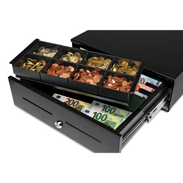 Kassalade | HEAVY DUTY | Zwart | 8 Muntvakken + 8 Biljetvakken | Elektrisch (12V) | 415x425x130(h)mm