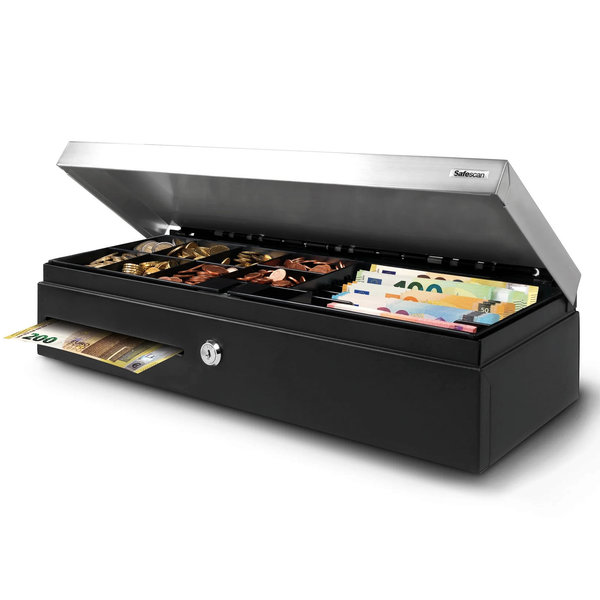 Flip-Top Kassalade | STANDARD DUTY | Zwart/RVS | 8 Muntvakken + 6 Biljetvakken | Elektrisch (12V) | 460x170x100(h)mm