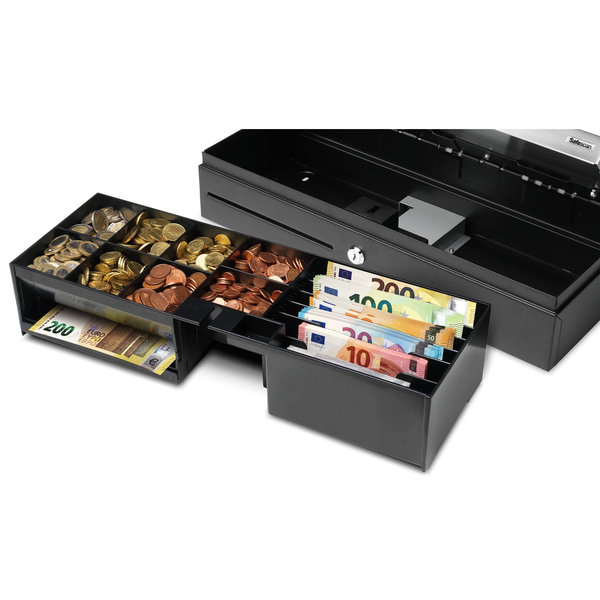 Flip-Top Kassalade | STANDARD DUTY | Zwart/RVS | 8 Muntvakken + 6 Biljetvakken | Elektrisch (12V) | 460x170x100(h)mm