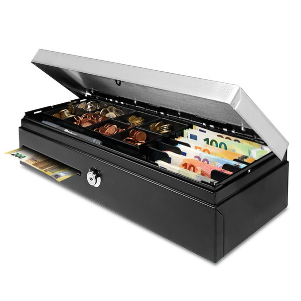 Flip-Top Kassalade | HEAVY DUTY | Zwart/RVS | 8 Muntvakken + 8 Biljetvakken | Elektrisch (12V) | 460x170x100(h)mm