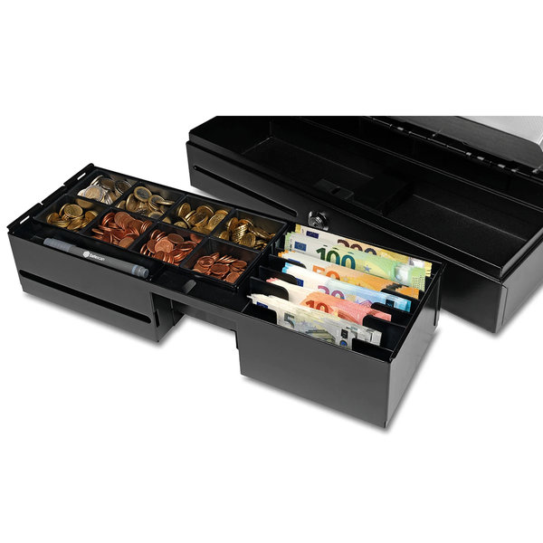 Flip-Top Kassalade | HEAVY DUTY | Zwart/RVS | 8 Muntvakken + 8 Biljetvakken | Elektrisch (12V) | 460x170x100(h)mm