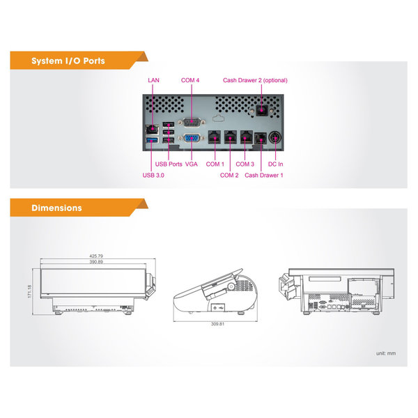 Kassa | PA-3622 | Touchscreen | 15.6"/2-Regeldisplays | Bonprinter 80mm | 426x310x171(h)mm