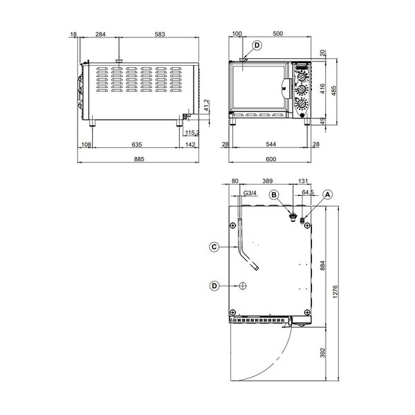 Hetelucht-/Stoomoven | CombiSmall | 4 Niveaus (GN) | Elektrisch | 50°C/270°C | 5.2kW (400V) | Bevochtiging (Automatisch) | 600x870x480(h)mm