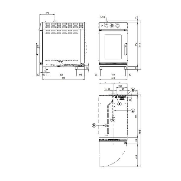 Hetelucht-/Stoomoven | CombiSmart | 7 Niveaus (GN) | Elektrisch | 50°C/270°C | 8.8kW (400V) | Bevochtiging (Automatisch) | 523x846x877(h)mm