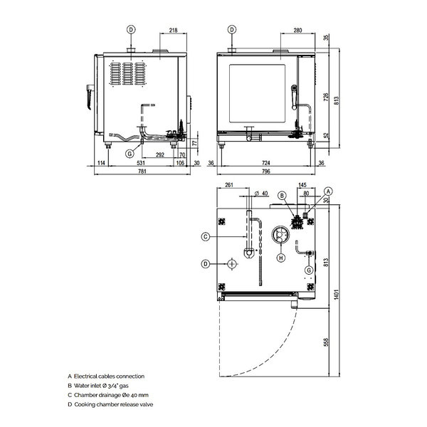 Hetelucht-/Stoomoven | CombiLine | 7 Niveaus (GN) | Gas | 50°C/270°C | 0.4kW (230V) | Bevochtiging (Automatisch) | 797x788x818(h)mm