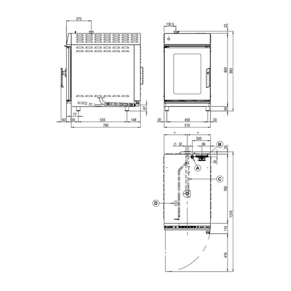 Hetelucht-/Stoomoven | CombiSmart | 7 Niveaus (1/1 GN) | Elektrisch | 20°C/270°C | 8.8kW (400V) | Bevochtiging (Automatisch) | Zelfreiniging | Touchscreen | 523x846x877(h)mm