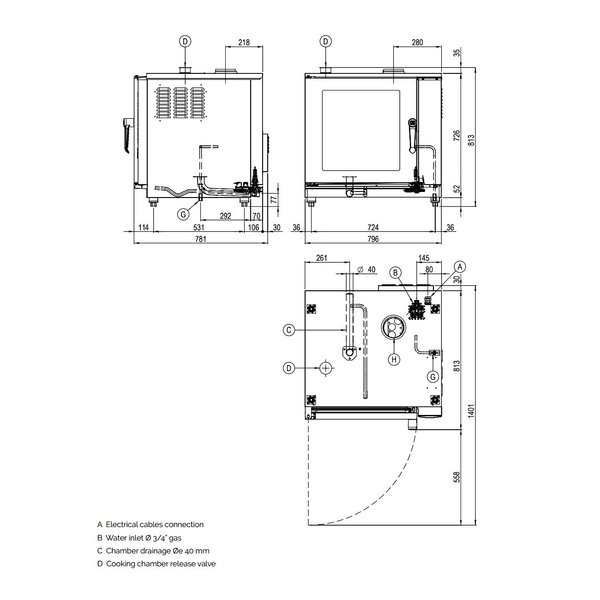Hetelucht-/Stoomoven | CombiLine | 7 Niveaus (GN) | Gas | 20°C/270°C | 0.4kW (230V) | Bevochtiging (Automatisch) | Zelfreiniging | Touchscreen | 797x788x818(h)mm