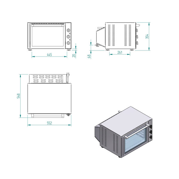 Heteluchtoven | 3 Niveaus (410x310) | Elektrisch | 30°C/270°C | 2.4kW (230V) | Grillfunctie | 555x550x355(h)mm