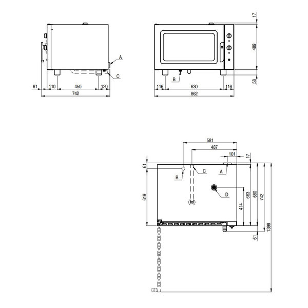 Heteluchtoven | TurboLine | 4 Niveaus (1/1 GN) | Elektrisch | 50°C/270°C | 3.6kW (230V) | Bevochtiging (Handmatig) | 865x685x565(h)mm