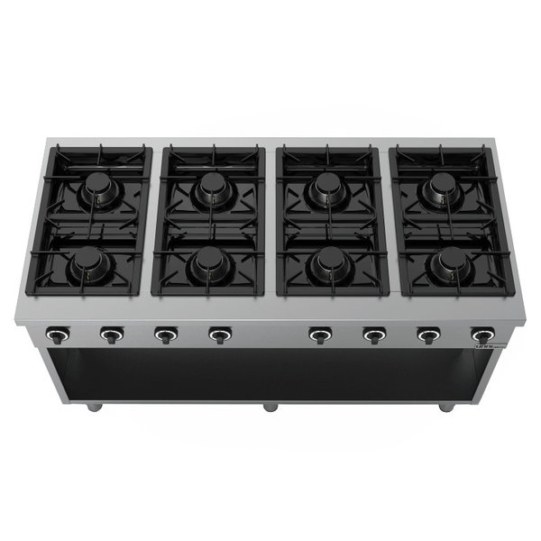 Gasfornuis | 8 Branders (8x 6.5kW) | Open Onderkast | 1460x700x850(h)mm
