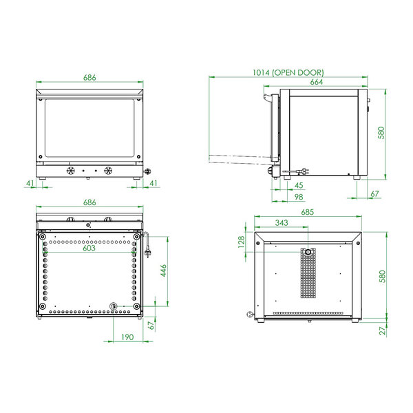Heteluchtoven | 4 Niveaus (1/1 GN) | Elektrisch | 50°C/280°C | 3.15kW (230V) | 686x660x580(h)mm