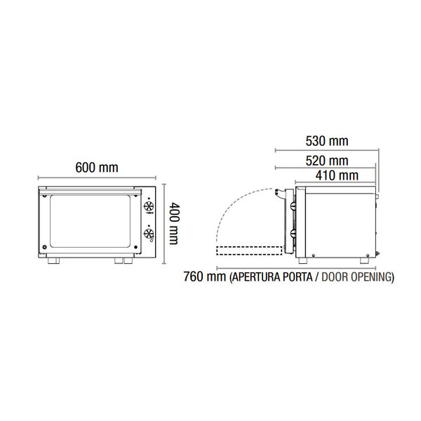 Heteluchtoven | NERINO | 3 Niveaus (2/3 GN) | Elektrisch | 50°C/280°C | 2.5kW (230V) | 600x520x390(h)mm