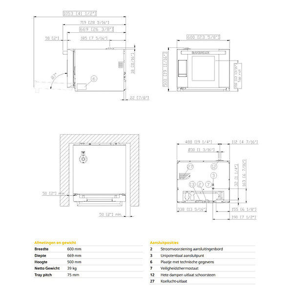 Heteluchtoven | BakerLux SHOP.Pro | 4 Niveaus (460x330) | Elektrisch | 30°C/260°C | 3.5kW (230V) | Touchscreen | 600x669x500(h)mm