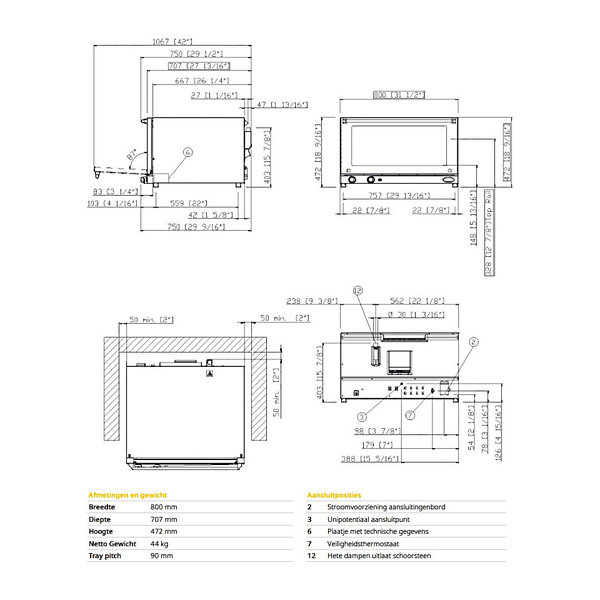 Heteluchtoven | LineMicro | 4 Niveaus (EN600x400) | Elektrisch | 80°C/260°C | 5.8kW (400V) | 800x706x472(h)mm