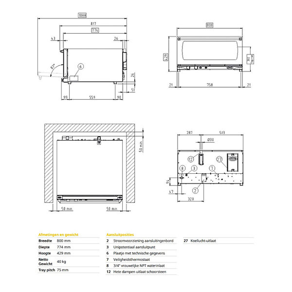 Heteluchtoven | LineMiss | 3 Niveaus (EN600x400) | Elektrisch | 80°C/260°C | 3.3kW (230V) | Bevochtiging (Handmatig) | 800x774x430(h)mm