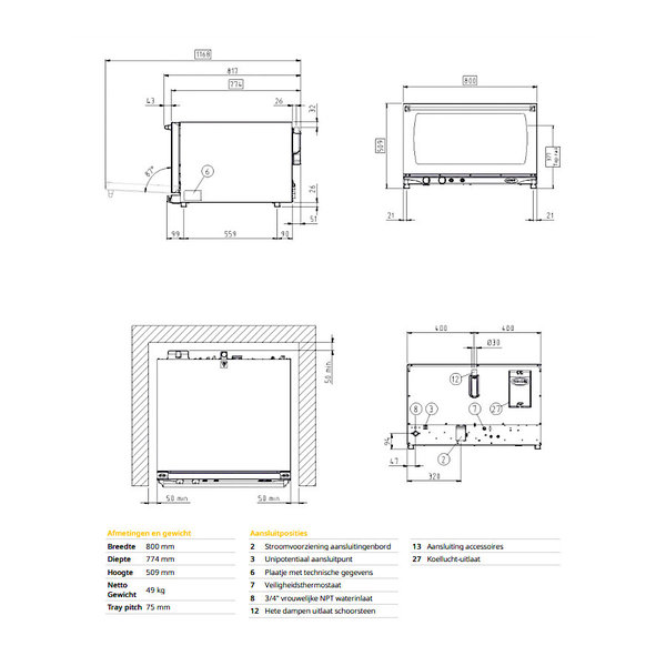 Heteluchtoven | LineMiss | 4 Niveaus (EN600x400) | Elektrisch | 80°C/260°C | 6.5kW (400V) | Bevochtiging (Handmatig) | 800x774x509(h)mm