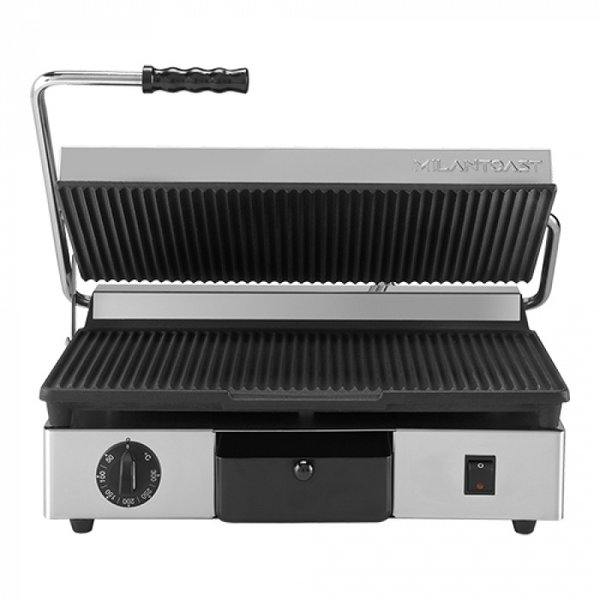 Contact-/Paninigrill | Enkel XL | Gegroefd Oppervlak 430x250 (Gietijzer) | 50°C/300°C | 2.76kW (230V) | 460x380x170(h)mm