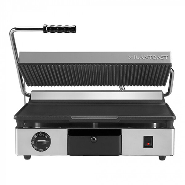 Contact-/Paninigrill | Enkel XL | Glad/Gegroefd Oppervlak 430x250 (Gietijzer) | 50°C/300°C | 2.76kW (230V) | 460x380x170(h)mm