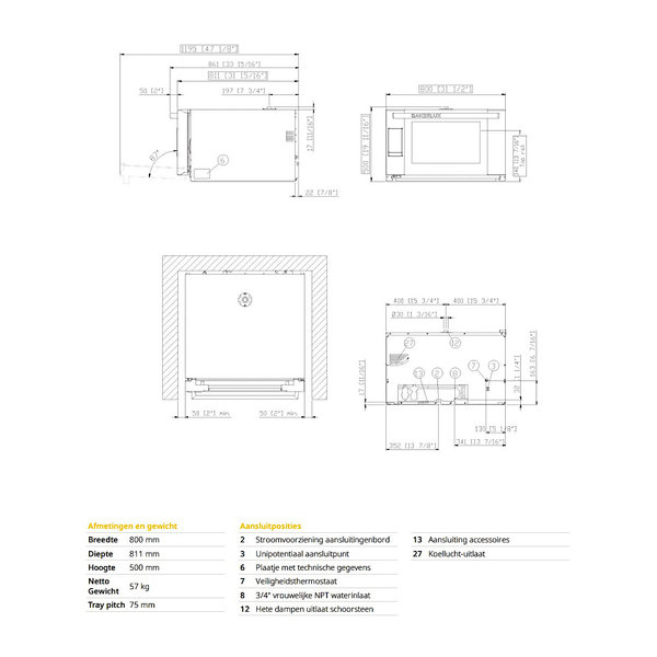 Heteluchtoven | BakerLux SHOP.Pro | 4 Niveaus (EN600x400) | Elektrisch | 30°C/260°C | 6.9kW (400V) | Bevochtiging (Automatisch) | Touchscreen | 800x811x500(h)mm