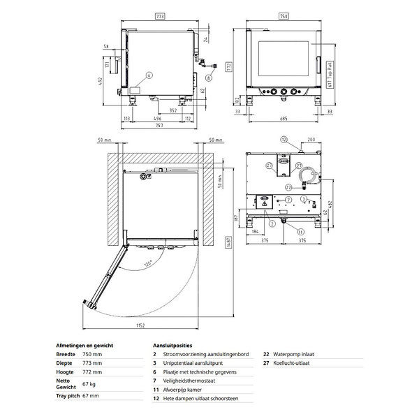 Heteluchtoven | ChefLux Manual | 5 Niveaus (1/1 GN) | Elektrisch | 80°C/260°C | 7.1kW (400V) | Bevochtiging (Handmatig) | 750x773x772(h)mm