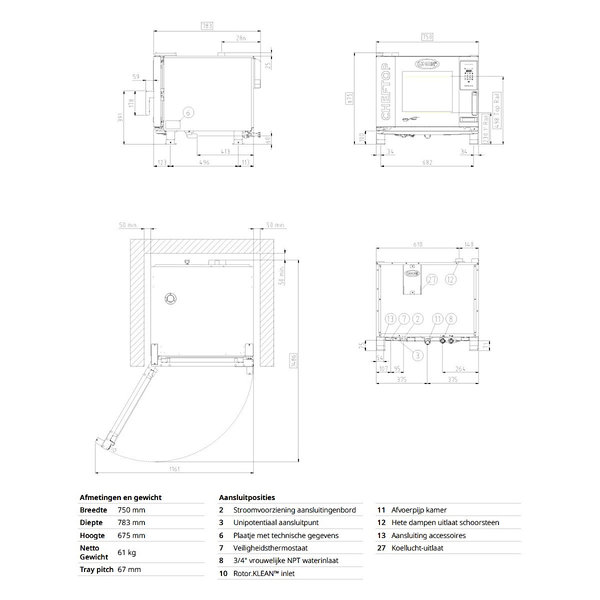Hetelucht-/Stoomoven | CheftTop MIND.Maps | 5 Niveaus (1/1 GN) | Elektrisch | 30°C/260°C | 9.3kW (400V) | Bevochtiging (Automatisch) | Touchscreen | 750x783x675(h)mm
