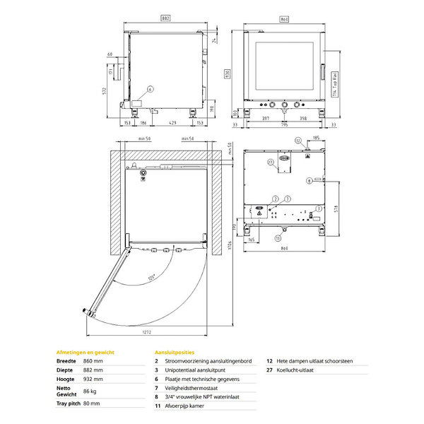 Heteluchtoven | BakerLux Manual | 6 Niveaus (EN600x400) | Elektrisch | 80°C/260°C | 10.5kW (400V) | Bevochtiging (Handmatig) | 860x882x930(h)mm