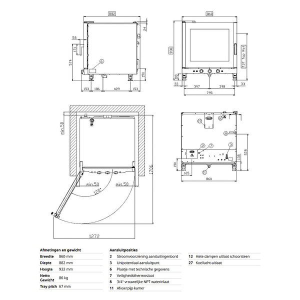 Heteluchtoven | ChefLux Manual | 7 Niveaus (1/1 GN) | Elektrisch | 80°C/260°C | 10.5kW (400V) | Bevochtiging (Handmatig) | 860x882x932(h)mm