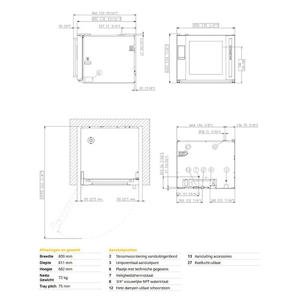 Heteluchtoven | BakerLux SHOP.Pro | 6 Niveaus (EN600x400) | Elektrisch | 30°C/260°C | 10.3kW (400V) | Bevochtiging (Automatisch) | Touchscreen | 800x811x682(h)mm