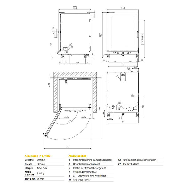 Heteluchtoven | BakerLux Manual | 10 Niveaus (EN600x400) | Elektrisch | 80°C/260°C | 15.8kW (400V) | Bevochtiging (Handmatig) | 860x882x1252(h)mm