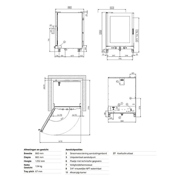 Heteluchtoven | ChefLux Manual | 12 Niveaus (1/1 GN) | Elektrisch | 80°C/260°C | 15.8kW (400V) | Bevochtiging (Handmatig) | 860x882x1252(h)mm