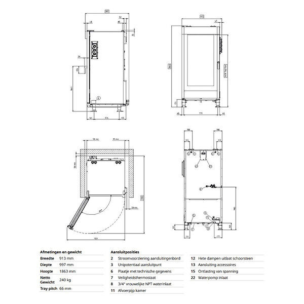 Heteluchtoven | ChefLux Manual | 20 Niveaus (1/1 GN) | Elektrisch | 30°C/260°C | 29.7kW (400V) | Bevochtiging (Handmatig) | 913x997x1863(h)mm