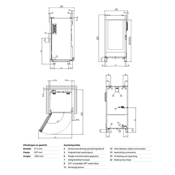 Heteluchtoven | BakerLux Manual | 16 Niveaus (EN600x400) | Elektrisch | 30°C/260°C | 29.7kW (400V) | Bevochtiging (Handmatig) | 913x997x1863(h)mm