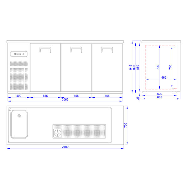Bierkoeler RVS | 3 Deurs | Met 1 Spoelbak Link | 230V  | Voor 50L fusten | Geventileerd |  2100x700x960(h)mm