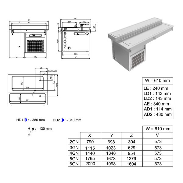 Inbouw-Element | Gekoeld Bovenblad (5x 1/1 GN) | 2 Niveaus | 0°C/+8°C | 230V | 1765x610x476/546(h)mm