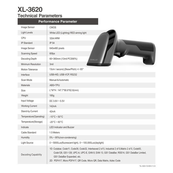 Barcodescanner | XL-3620 | Mobiel (Bedraad) | 2D-Laser | 60/sec | USB/Serieel | 148x63x91(h)mm